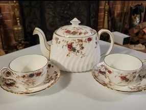 MINTON CHINA Ancestral Tea pot Set 2 cups saucers Rare Find England