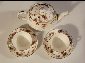 MINTON CHINA Ancestral Tea pot Set 2 cups saucers Rare Find England